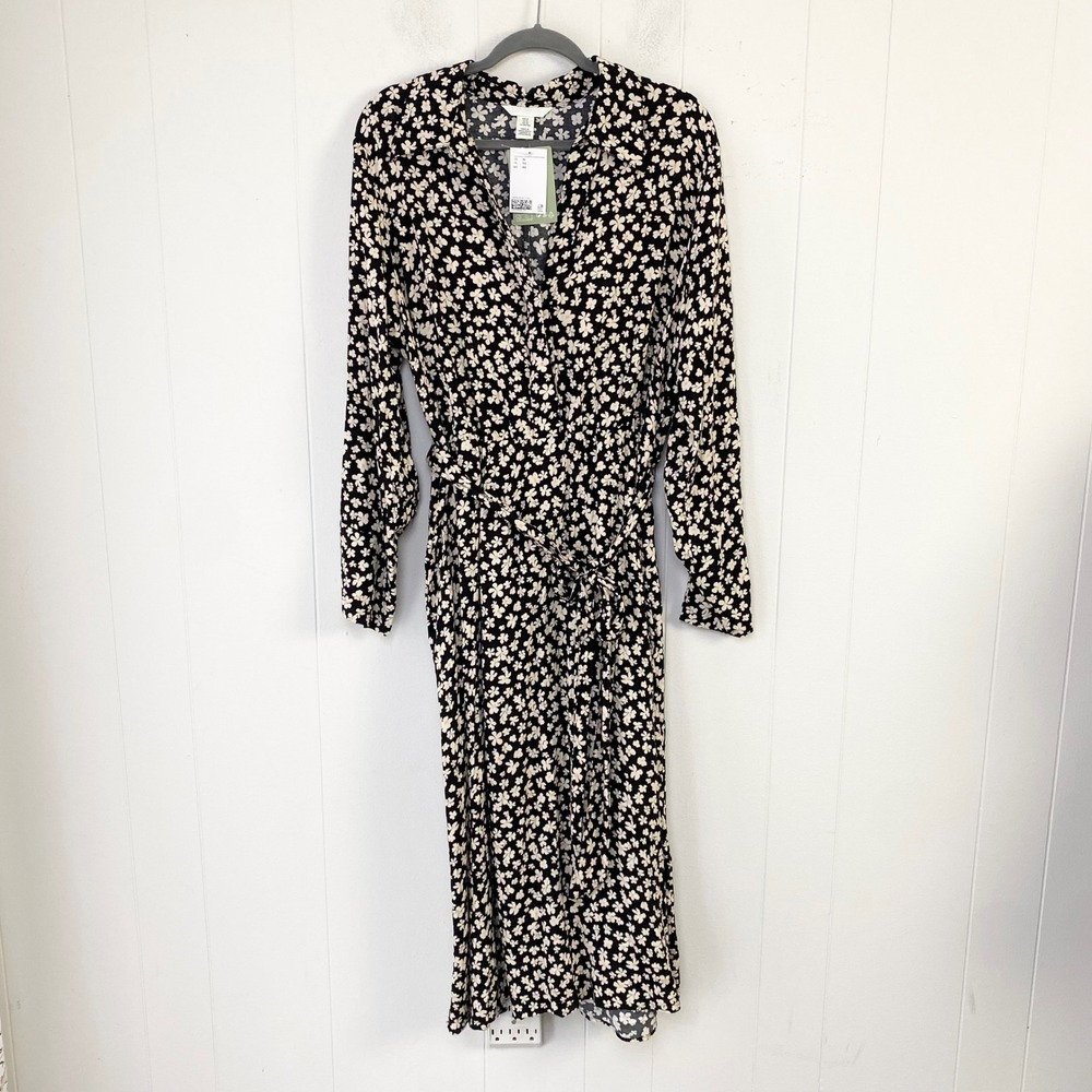 H&M Conscious Floral LivaEco Viscose Midi Shirt Dress Black White XL 1145074